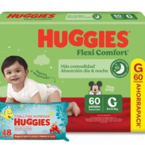 Pañal Huggies Flexi Comfort Talle G 60 unidades + Toallitas Húmedas X 48 Unidades