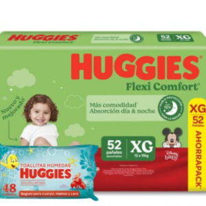 Pañal Huggies Flexi Comfort Talle Xg 52 unidades +  Toallitas Humedas X 48 Unidades
