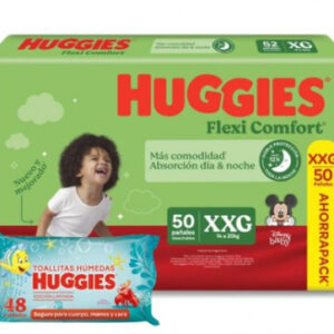Pañal Huggies Flexi Comfort Talle XXG 50 unidades + Toallitas Húmedas X 48 Unidades